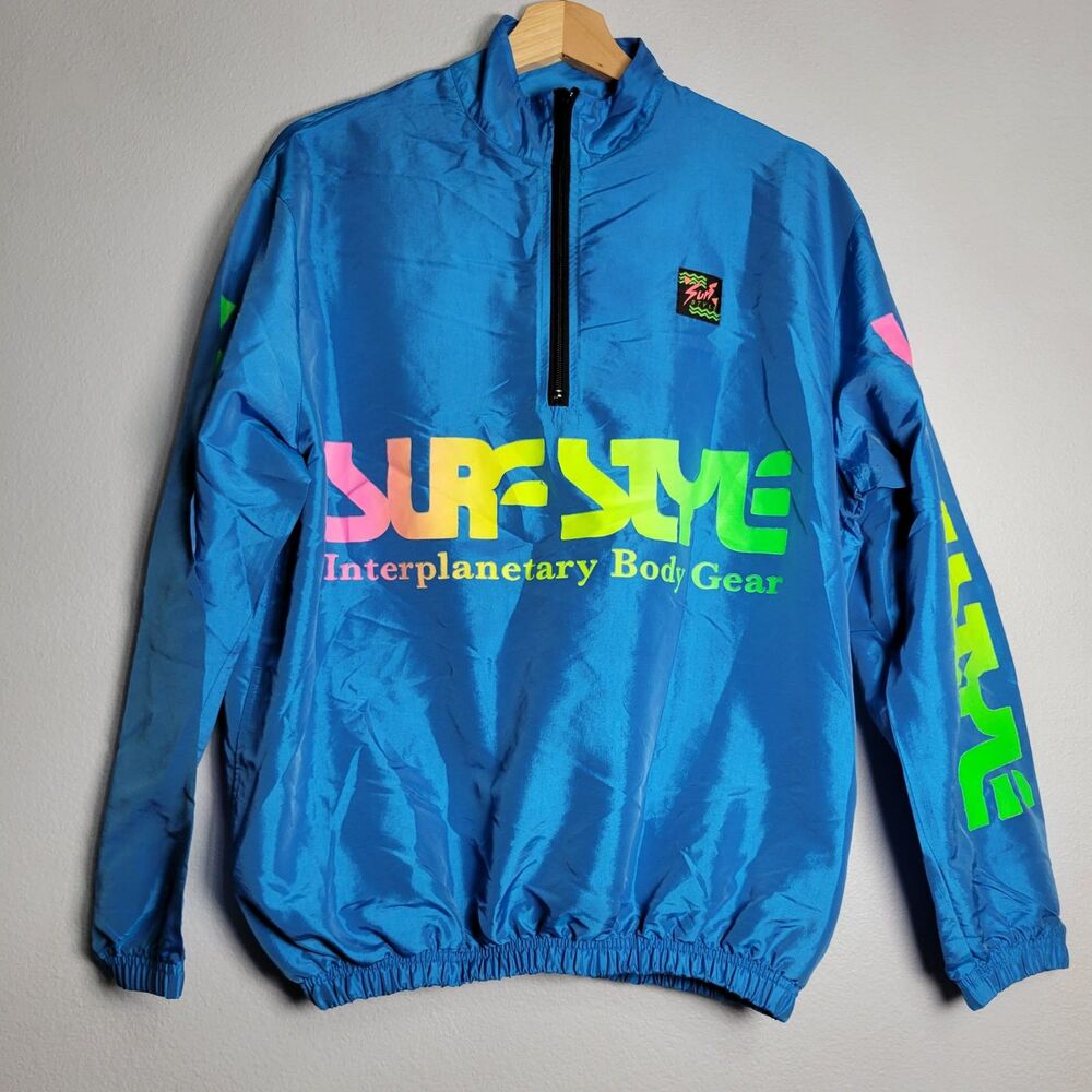 Vtg 90s Surf Style Windbreaker Jacket S Iridescent Blue Neon Retro Rave Y2K Unis